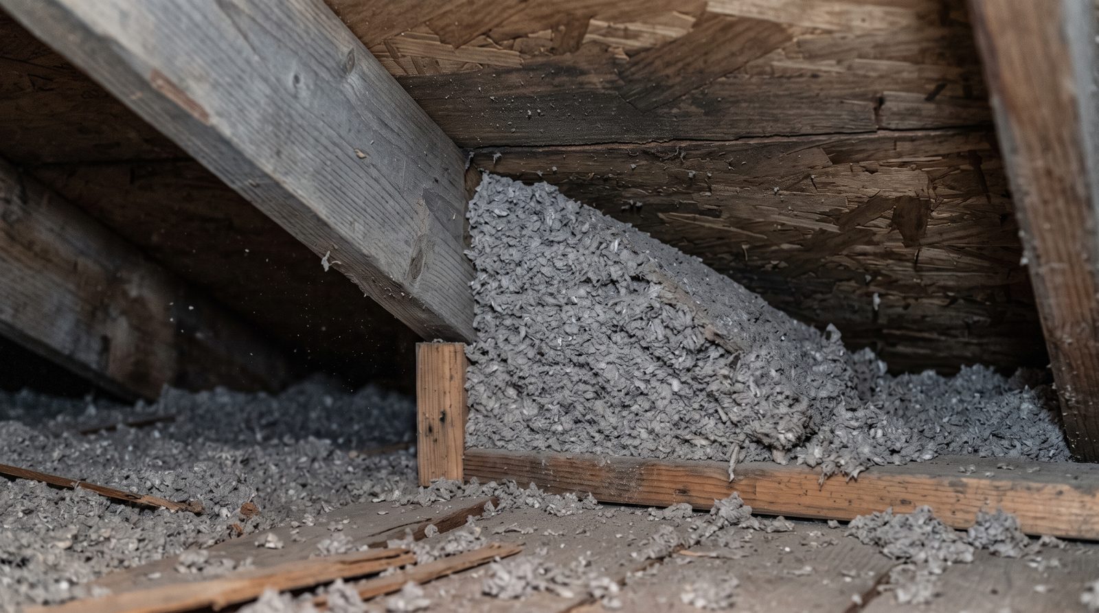 Blown-in insulation packed into the eave of an attic, blocking the airflow channel above it