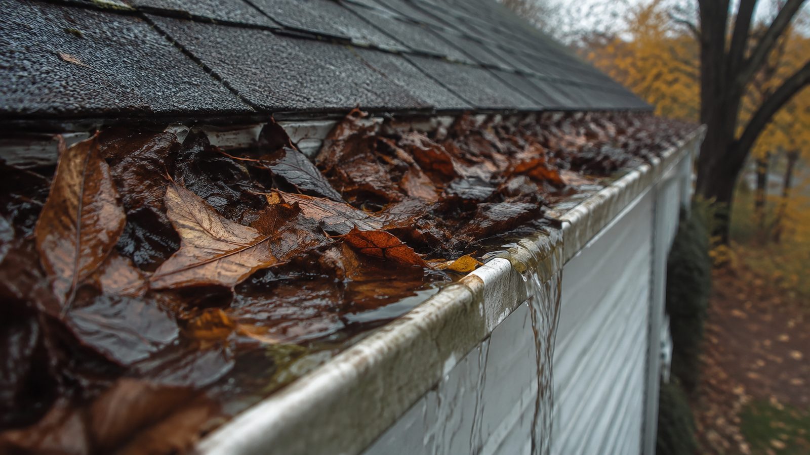Clogged gutter overflowing with leaves on a Cincinnati home in fall