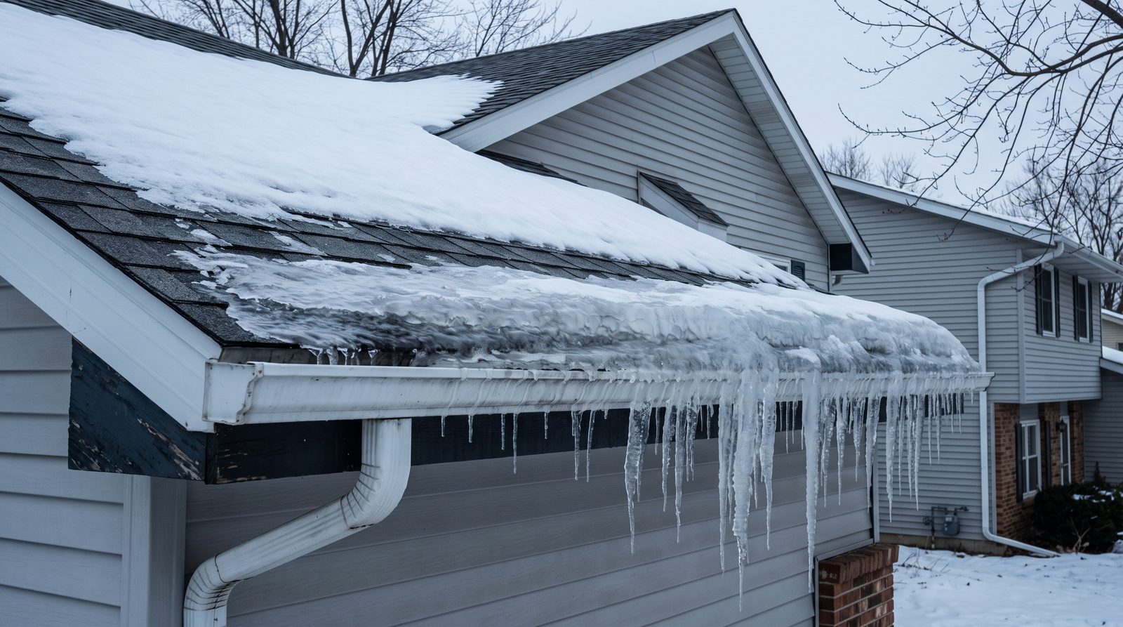 Ice dam and icicles along the roof edge of a home in Greater Cincinnati
